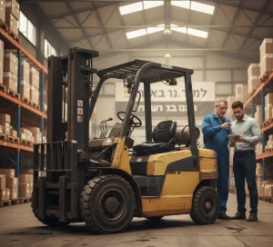 בעל עסק וטכנאי מלגזות לפני בחירת מלגזה משומשת לעסק