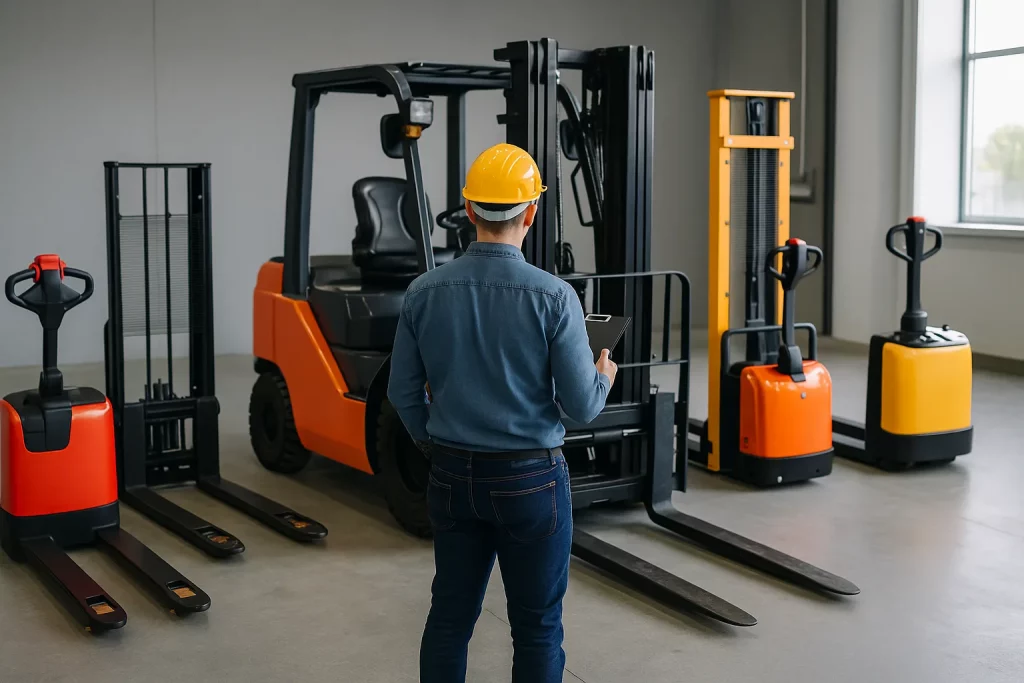 עובד תפעול עומד לפני בחירת מלגזה או עגלה לעסק